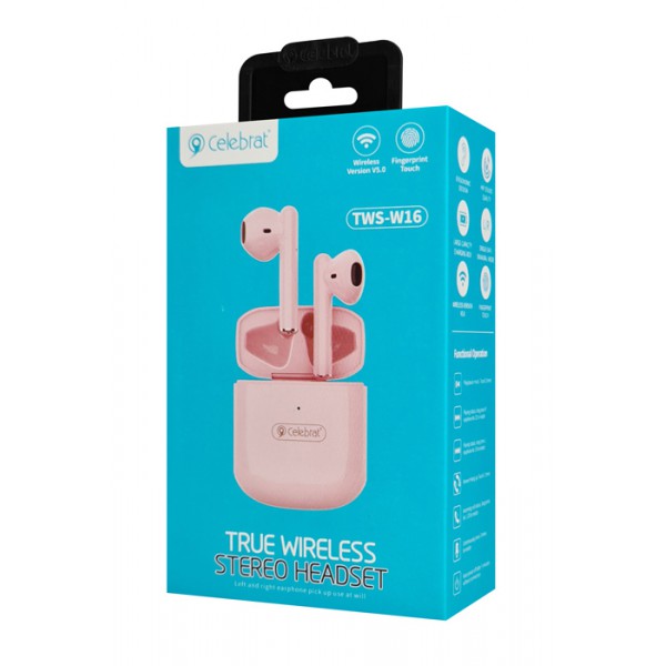 CELEBRAT earphones με θήκη φόρτισης W16, True Wireless, ροζ CELEBRAT earphones με θήκη φόρτισης W16, True Wireless, ροζ