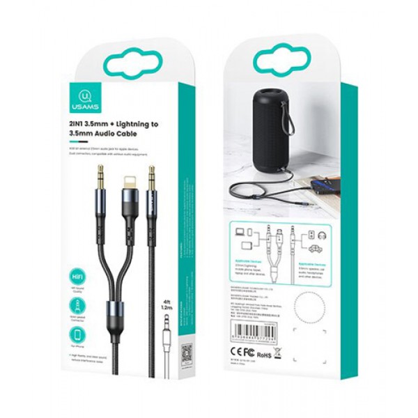 USAMS καλώδιο ήχου 3.5mm σε Lightning & 3.5mm US-SJ554, 1.2m, μαύρο
