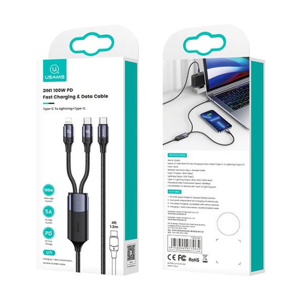 USAMS καλώδιο USB-C σε USB-C & Lightning US-SJ550, PD 100W, 1.2m, μαύρο USAMS καλώδιο USB-C σε USB-C & Lightning US-SJ550, PD 100W, 1.2m, μαύρο