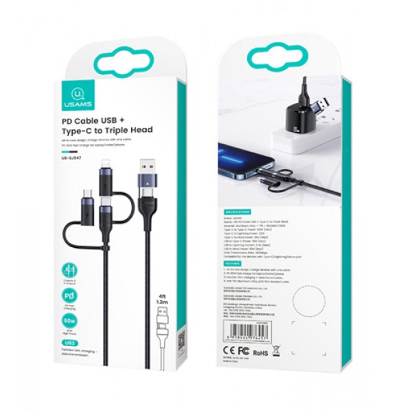 USAMS καλώδιο USB-C/USB σε USB-C/Micro/Lightning SJ547, 60W, 1.2m, μαύρο USAMS καλώδιο USB-C/USB σε USB-C/Micro/Lightning SJ547, 60W, 1.2m, μαύρο