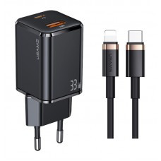 USAMS φορτιστής τοίχου USKTZ01, καλώδιο Lightning, USB-C/USB 33W, μαύρος