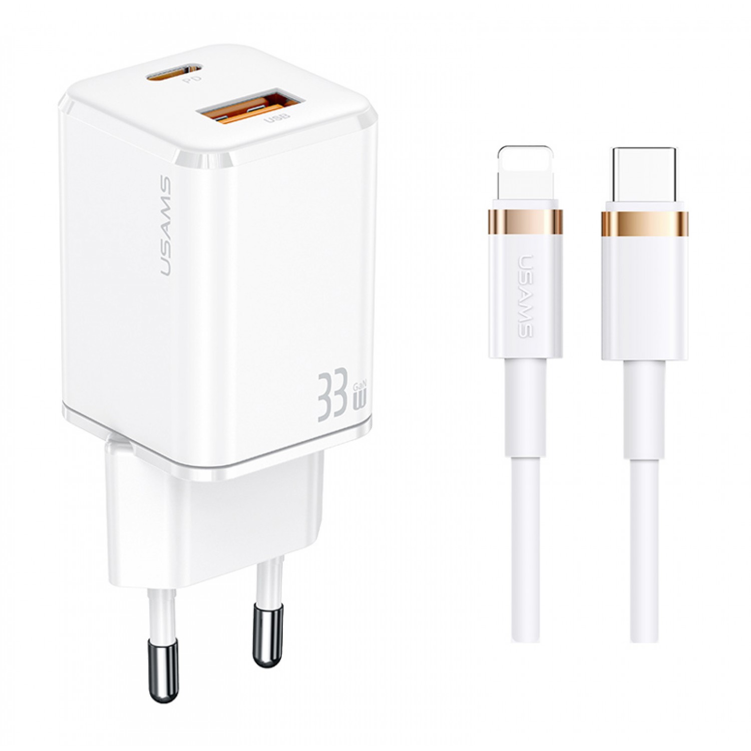 USAMS φορτιστής τοίχου USKTZ02, καλώδιο Lightning, USB-C/USB 33W, λευκός USAMS φορτιστής τοίχου USKTZ02, καλώδιο Lightning, USB-C/USB 33W, λευκός