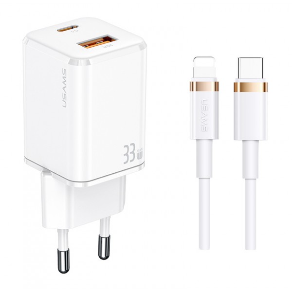 USAMS φορτιστής τοίχου USKTZ02, καλώδιο Lightning, USB-C/USB 33W, λευκός USAMS φορτιστής τοίχου USKTZ02, καλώδιο Lightning, USB-C/USB 33W, λευκός