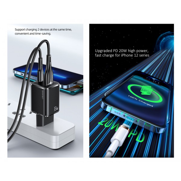 USAMS φορτιστής τοίχου USKTZ02, καλώδιο Lightning, USB-C/USB 33W, λευκός USAMS φορτιστής τοίχου USKTZ02, καλώδιο Lightning, USB-C/USB 33W, λευκός