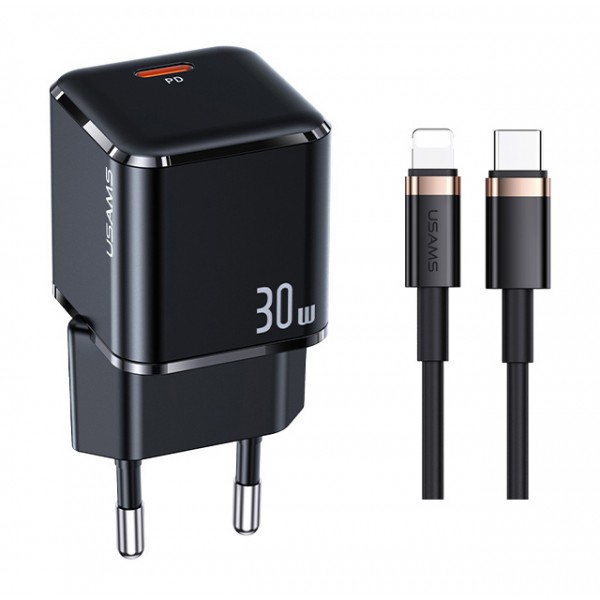 USAMS φορτιστής τοίχου UXTZH01 με καλώδιο Lightning, USB-C 30W, μαύρος USAMS φορτιστής τοίχου UXTZH01 με καλώδιο Lightning, USB-C 30W, μαύρος