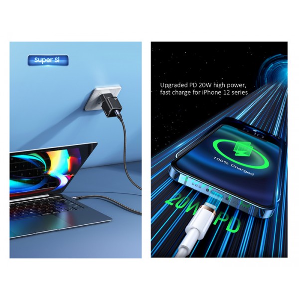 USAMS φορτιστής τοίχου UXTZH01 με καλώδιο Lightning, USB-C 30W, μαύρος USAMS φορτιστής τοίχου UXTZH01 με καλώδιο Lightning, USB-C 30W, μαύρος