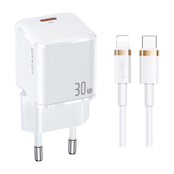 USAMS φορτιστής τοίχου UXTZH02 με καλώδιο Lightning, USB-C 30W, λευκός USAMS φορτιστής τοίχου UXTZH02 με καλώδιο Lightning, USB-C 30W, λευκός