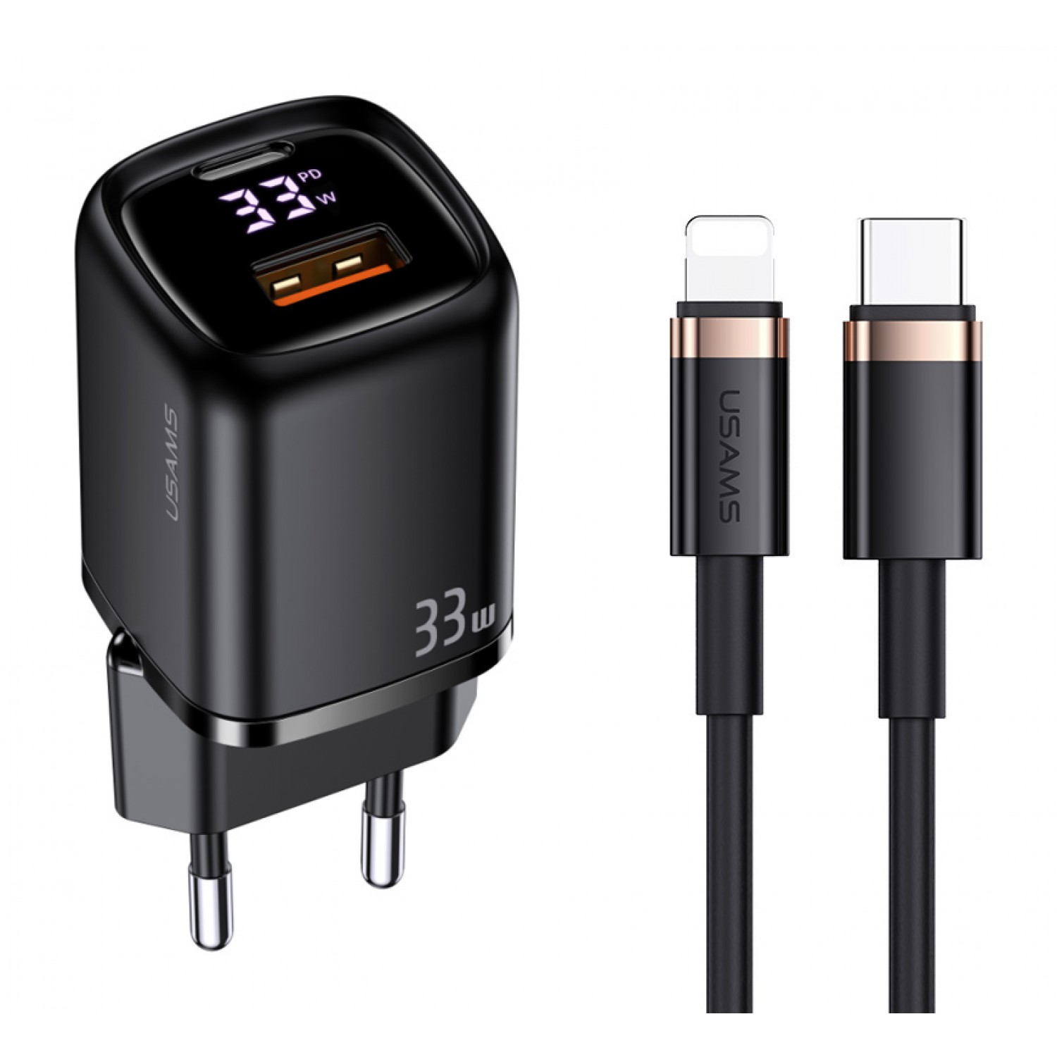 USAMS φορτιστής τοίχου UDTZ01, καλώδιο Lightning, USB-C/USB 33W, μαύρος USAMS φορτιστής τοίχου UDTZ01, καλώδιο Lightning, USB-C/USB 33W, μαύρος