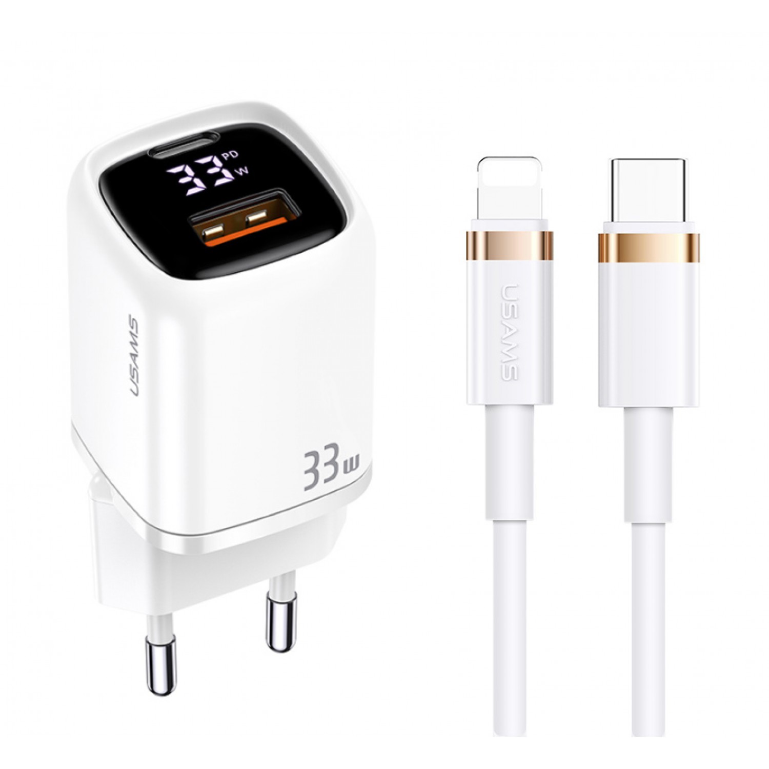 USAMS φορτιστής τοίχου UDTZ02, καλώδιο Lightning, USB-C/USB 33W, λευκός USAMS φορτιστής τοίχου UDTZ02, καλώδιο Lightning, USB-C/USB 33W, λευκός