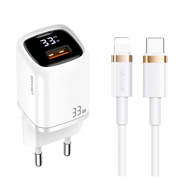 USAMS φορτιστής τοίχου UDTZ02, καλώδιο Lightning, USB-C/USB 33W, λευκός USAMS φορτιστής τοίχου UDTZ02, καλώδιο Lightning, USB-C/USB 33W, λευκός