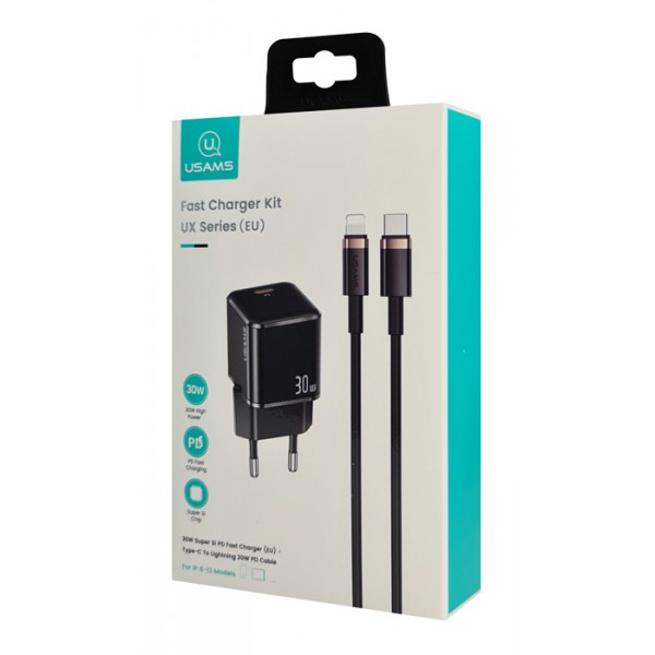 USAMS φορτιστής τοίχου UXTZH01 με καλώδιο Lightning, USB-C 30W, μαύρος USAMS φορτιστής τοίχου UXTZH01 με καλώδιο Lightning, USB-C 30W, μαύρος