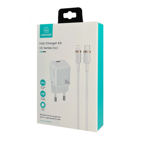 USAMS φορτιστής τοίχου UXTZH02 με καλώδιο Lightning, USB-C 30W, λευκός USAMS φορτιστής τοίχου UXTZH02 με καλώδιο Lightning, USB-C 30W, λευκός