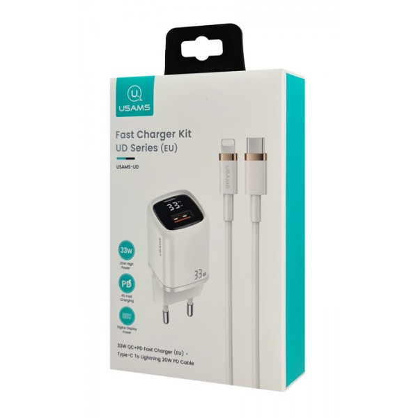 USAMS φορτιστής τοίχου UDTZ02, καλώδιο Lightning, USB-C/USB 33W, λευκός USAMS φορτιστής τοίχου UDTZ02, καλώδιο Lightning, USB-C/USB 33W, λευκός