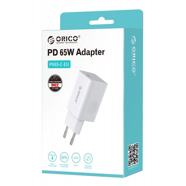 ORICO φορτιστής τοίχου PV65-C, USB Τype-C, PD QC 3.0, 65W, λευκός ORICO φορτιστής τοίχου PV65-C, USB Τype-C, PD QC 3.0, 65W, λευκός