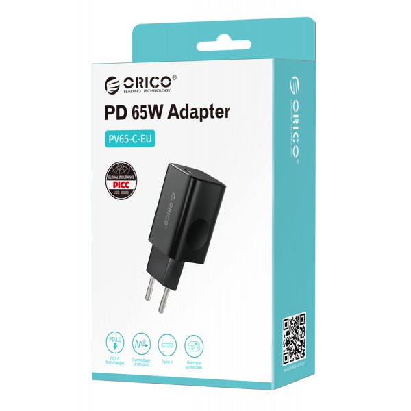 ORICO φορτιστής τοίχου PV65-C, USB Τype-C, PD QC 3.0, 65W, μαύρος ORICO φορτιστής τοίχου PV65-C, USB Τype-C, PD QC 3.0, 65W, μαύρος