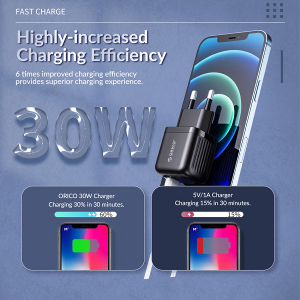 ORICO φορτιστής τοίχου PT30-C, USB Τype-C, PD QC 3.0, 30W, μαύρος ORICO φορτιστής τοίχου PT30-C, USB Τype-C, PD QC 3.0, 30W, μαύρος