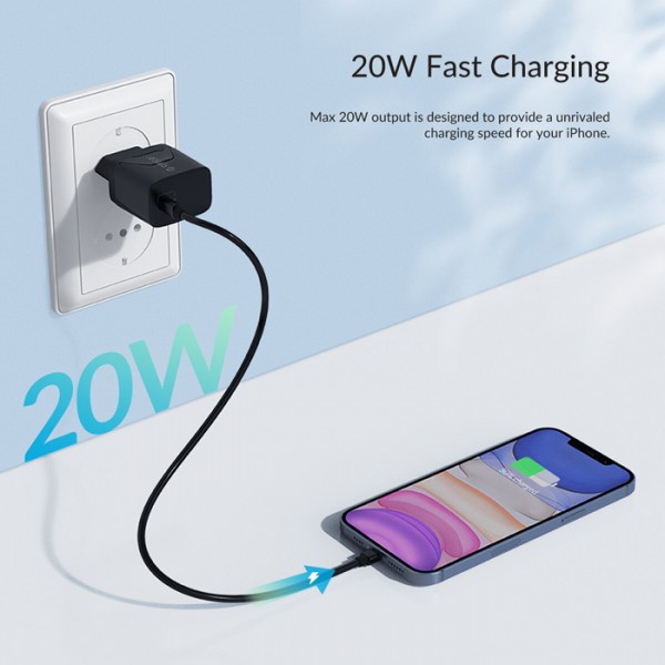 ORICO φορτιστής τοίχου PV20-C, USB-C, PD 20W, μαύρος ORICO φορτιστής τοίχου PV20-C, USB-C, PD 20W, μαύρος