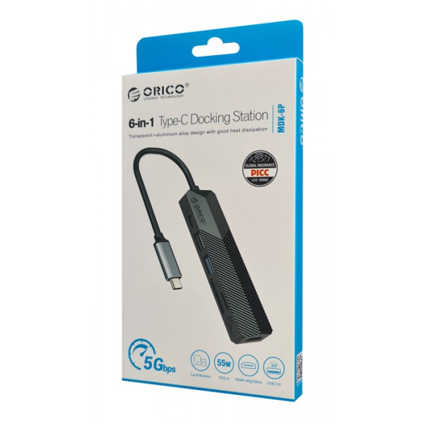 ORICO docking station MDK-6P, 6 θυρών, USB-C σύνδεση, 55W PD, 4K, μαύρο ORICO docking station MDK-6P, 6 θυρών, USB-C σύνδεση, 55W PD, 4K, μαύρο