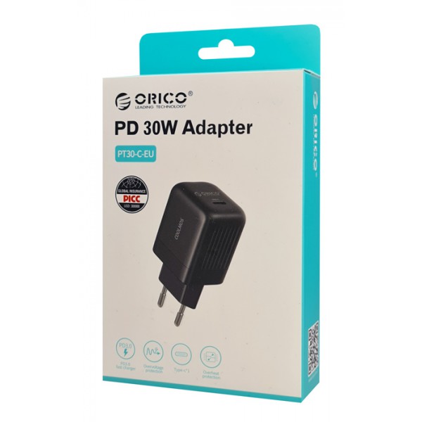ORICO φορτιστής τοίχου PT30-C, USB Τype-C, PD QC 3.0, 30W, μαύρος ORICO φορτιστής τοίχου PT30-C, USB Τype-C, PD QC 3.0, 30W, μαύρος