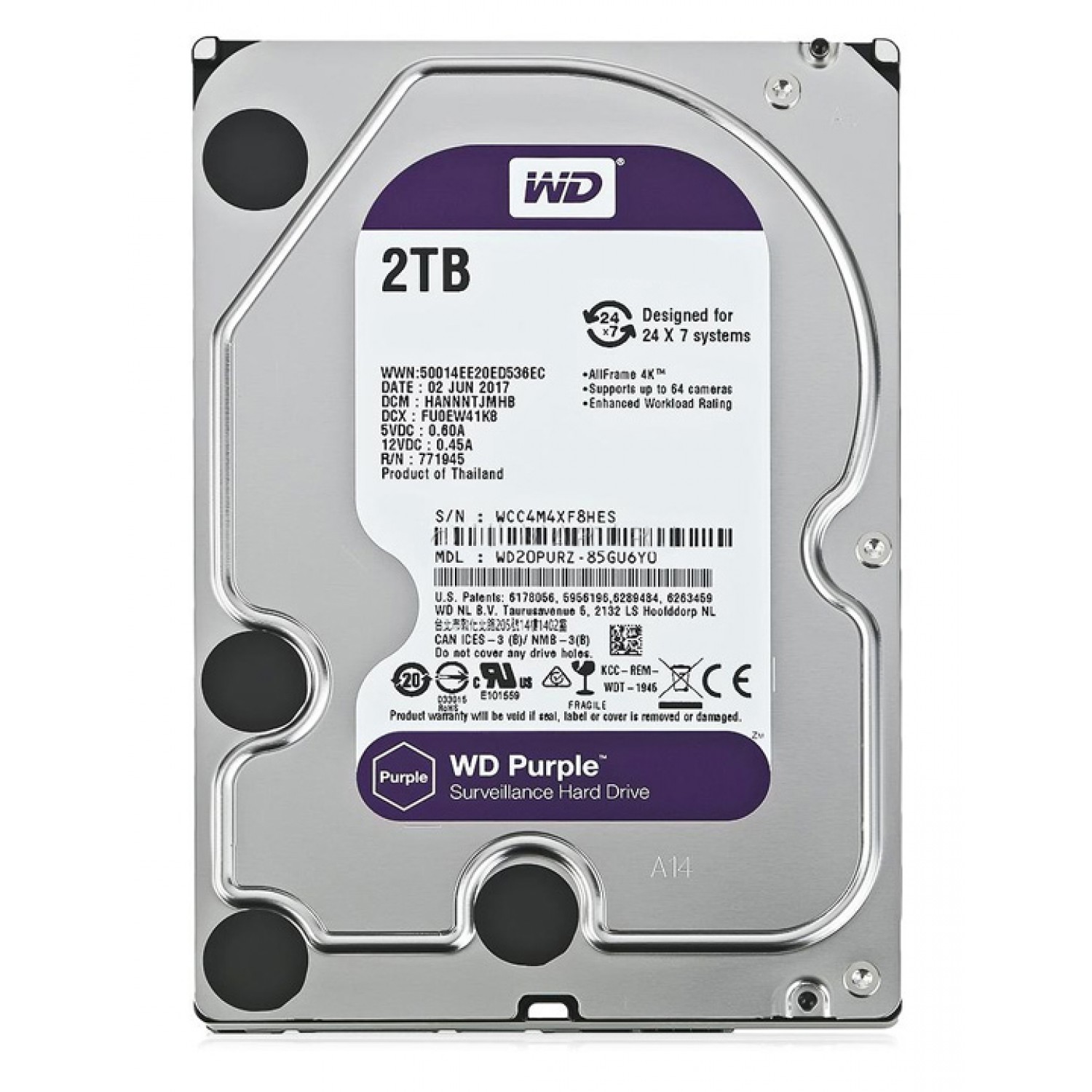 WD σκληρός δίσκος 3.5" Purple Surveillance 2TB, 256MB, 5400RPM, SATA III WD σκληρός δίσκος 3.5" Purple Surveillance 2TB, 256MB, 5400RPM, SATA III