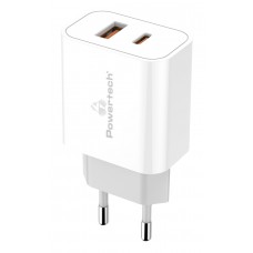 POWERTECH φορτιστής τοίχου PT-1025, USB & USB-C, PD QC3.0, 30W, λευκός