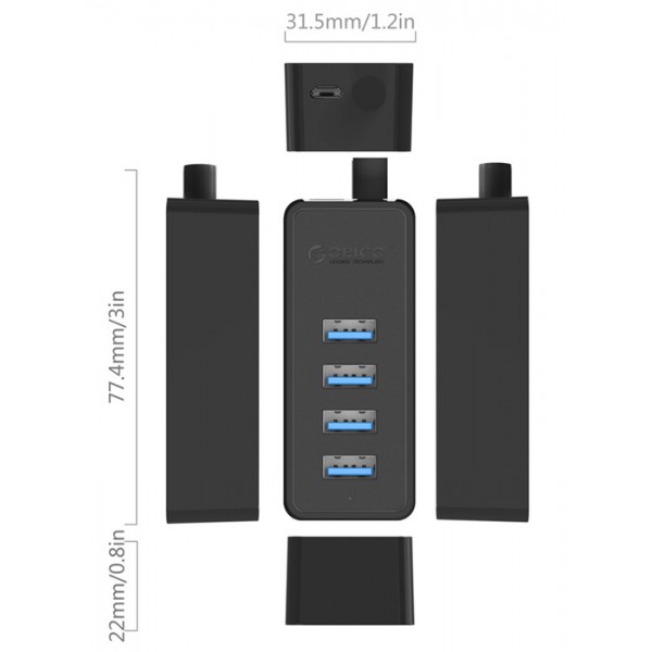 ORICO USB hub W5P-U3, 4x θυρών, 5Gbps, USB σύνδεση, μαύρο ORICO USB hub W5P-U3, 4x θυρών, 5Gbps, USB σύνδεση, μαύρο