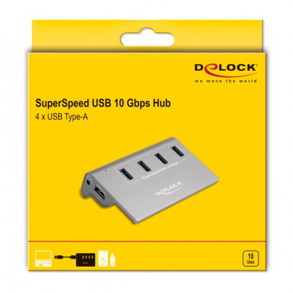 DELOCK USB hub 64181, 4x USB θύρες, 10 Gbps, γκρι