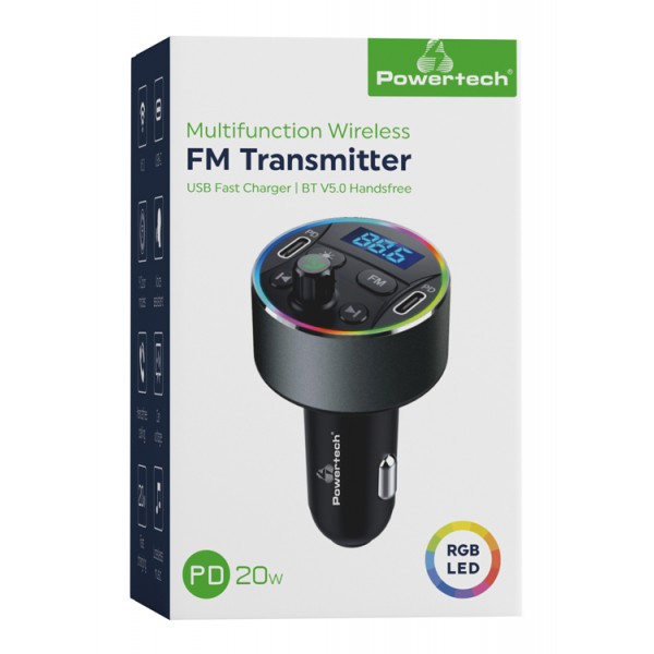 POWERTECH FM Transmitter & φορτιστής 40W PT-1027, οθόνη, RGB, Bluetooth POWERTECH FM Transmitter & φορτιστής 40W PT-1027, οθόνη, RGB, Bluetooth