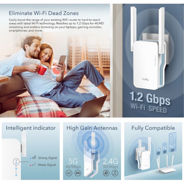 CUDY Wi-Fi range extender RE1200, AC1200 1200Mbps, dual band, mesh CUDY Wi-Fi range extender RE1200, AC1200 1200Mbps, dual band, mesh