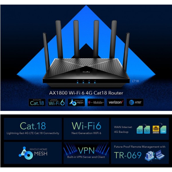 CUDY router LT18, 4G LTE Cat 18, 1200Mbps Wi-Fi 6, 4x Ethernet ports CUDY router LT18, 4G LTE Cat 18, 1200Mbps Wi-Fi 6, 4x Ethernet ports