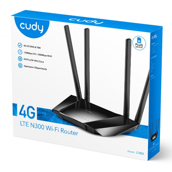 CUDY router LT400, 150Mbps 4G LTE, 300Mbps Wi-Fi, 4x Ethernet ports CUDY router LT400, 150Mbps 4G LTE, 300Mbps Wi-Fi, 4x Ethernet ports