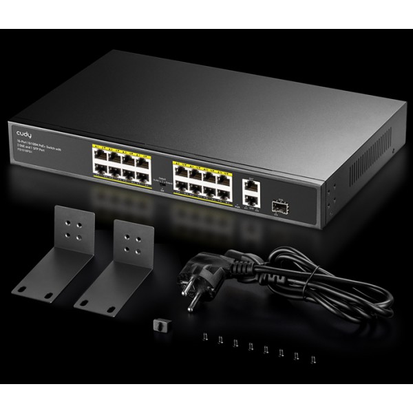 CUDY PoE+ switch FS1018PS1, 16-port 10/100M PoE+, SFP & 2x uplink, 200W CUDY PoE+ switch FS1018PS1, 16-port 10/100M PoE+, SFP & 2x uplink, 200W