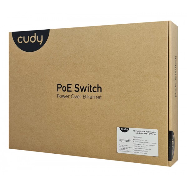 CUDY PoE+ switch FS1018PS1, 16-port 10/100M PoE+, SFP & 2x uplink, 200W CUDY PoE+ switch FS1018PS1, 16-port 10/100M PoE+, SFP & 2x uplink, 200W
