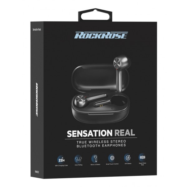 ROCKROSE earphones Sensational Real, θήκη φόρτισης, True Wireless, μαύρα