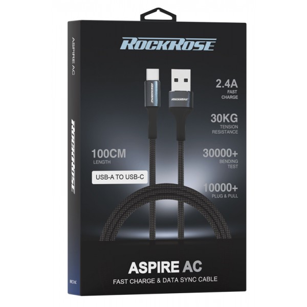 ROCKROSE καλώδιο USB σε USB-C Aspire AC, 2.4A, 1m, μαύρο ROCKROSE καλώδιο USB σε USB-C Aspire AC, 2.4A, 1m, μαύρο