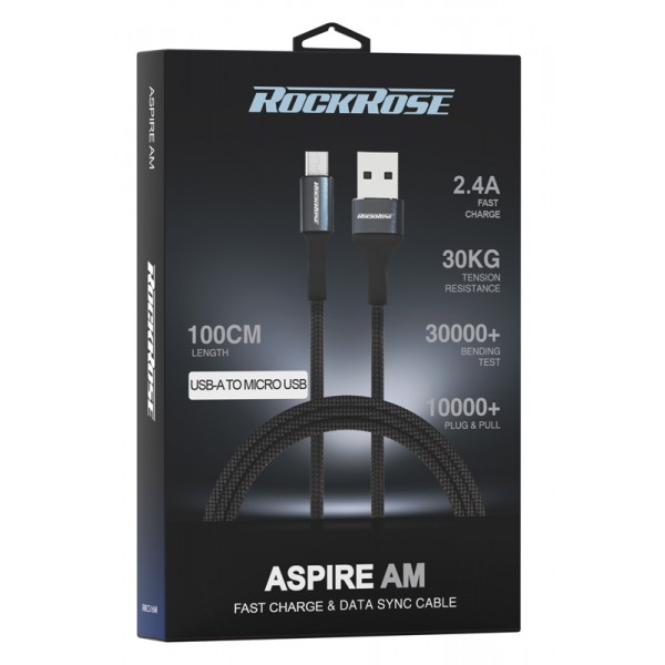 ROCKROSE καλώδιο USB σε Micro USB Aspire AM, 2.4A, 1m, μαύρο ROCKROSE καλώδιο USB σε Micro USB Aspire AM, 2.4A, 1m, μαύρο