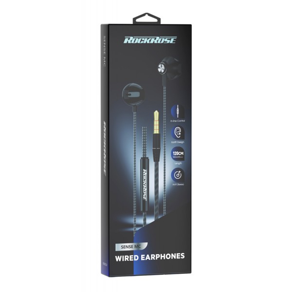 ROCKROSE earphones με μικρόφωνο Sense MC, 3.5mm, 1.2m, μαύρα