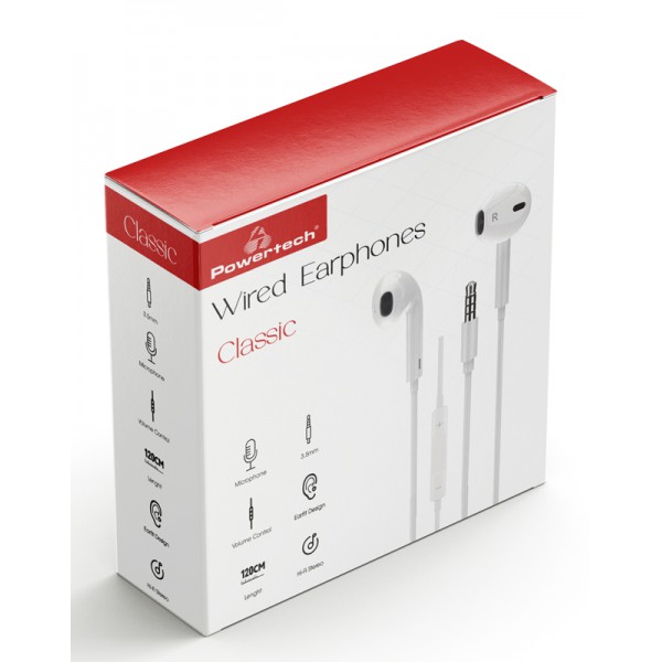 POWERTECH earphones με μικρόφωνο Classic, 3.5mm, 1.2m, λευκά