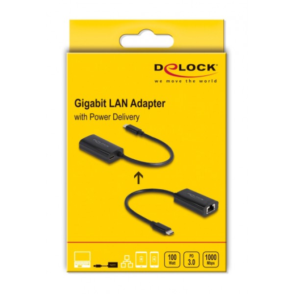 DELOCK αντάπτορας USB-C σε RJ45 & USB-C 61026, 100W, 1000Mbps, μαύρος