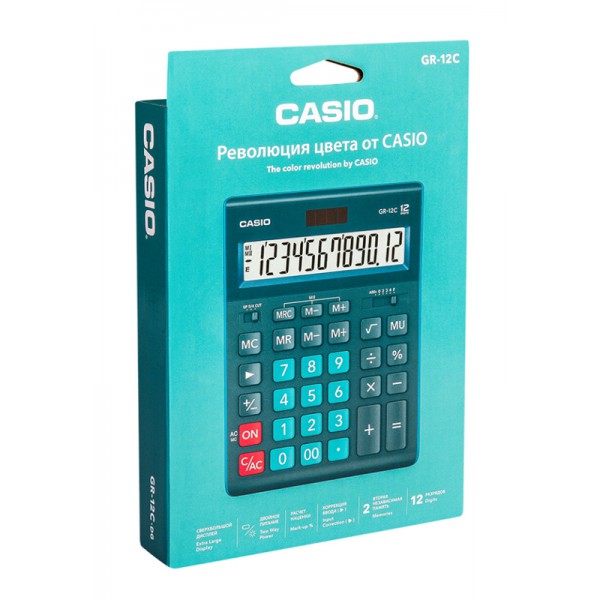 CASIO αριθμομηχανή GR-12C-DG, ηλιακό & μπαταρία, 12 ψηφία, πράσινη