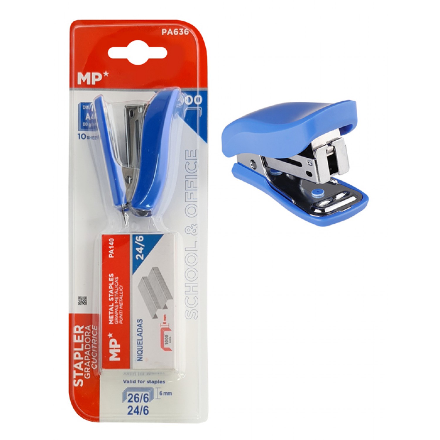 MP mini συρραπτικό με ανταλλακτικά PA636, 24/6-26/6, 10 φύλλα, μπλε MP mini συρραπτικό με ανταλλακτικά PA636, 24/6-26/6, 10 φύλλα, μπλε