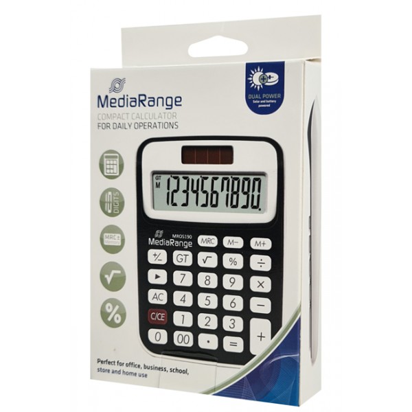 MEDIARANGE αριθμομηχανή MROS190, ηλιακό & μπαταρία, 10 ψηφία, μαύρο