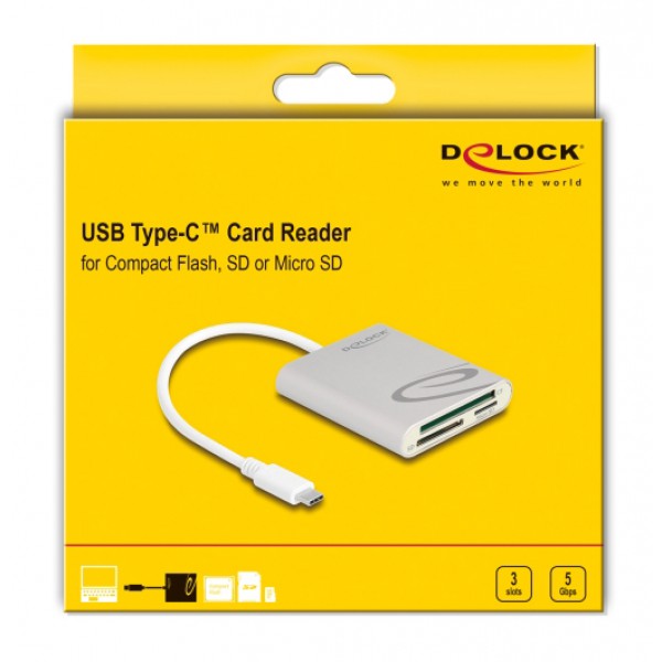 DELOCK card reader 91005 για micro SD/SD/CF, USB-C 5Gbps, γκρι
