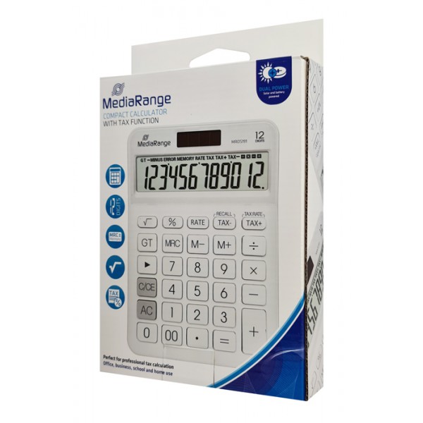 MEDIARANGE αριθμομηχανή MROS191, ηλιακό & μπαταρία, 12 ψηφία, λευκό