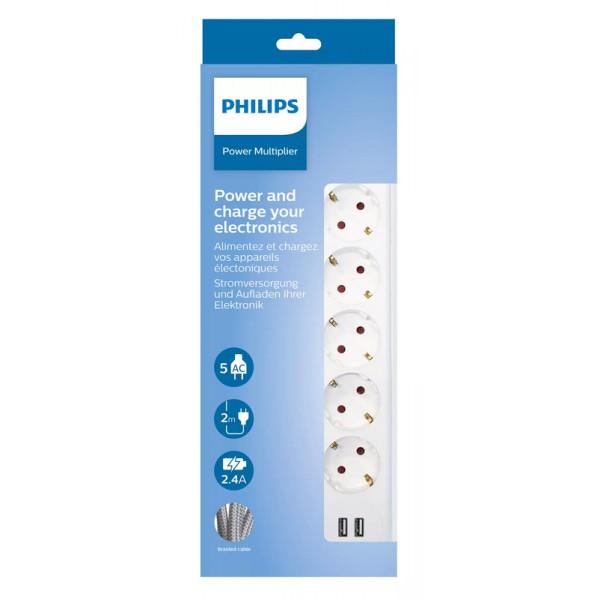 PHILIPS πολύπριζο SPN3052WA, 5x schuko 16A, 2x USB 2.4A, 2m, λευκό PHILIPS πολύπριζο SPN3052WA, 5x schuko 16A, 2x USB 2.4A, 2m, λευκό
