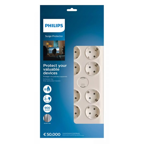 PHILIPS πολύπριζο ασφαλείας SPN7080WA, 8x schuko 16A, 2m, λευκό PHILIPS πολύπριζο ασφαλείας SPN7080WA, 8x schuko 16A, 2m, λευκό