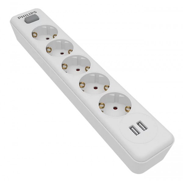 PHILIPS πολύπριζο SPN3052WA, 5x schuko 16A, 2x USB 2.4A, 2m, λευκό PHILIPS πολύπριζο SPN3052WA, 5x schuko 16A, 2x USB 2.4A, 2m, λευκό