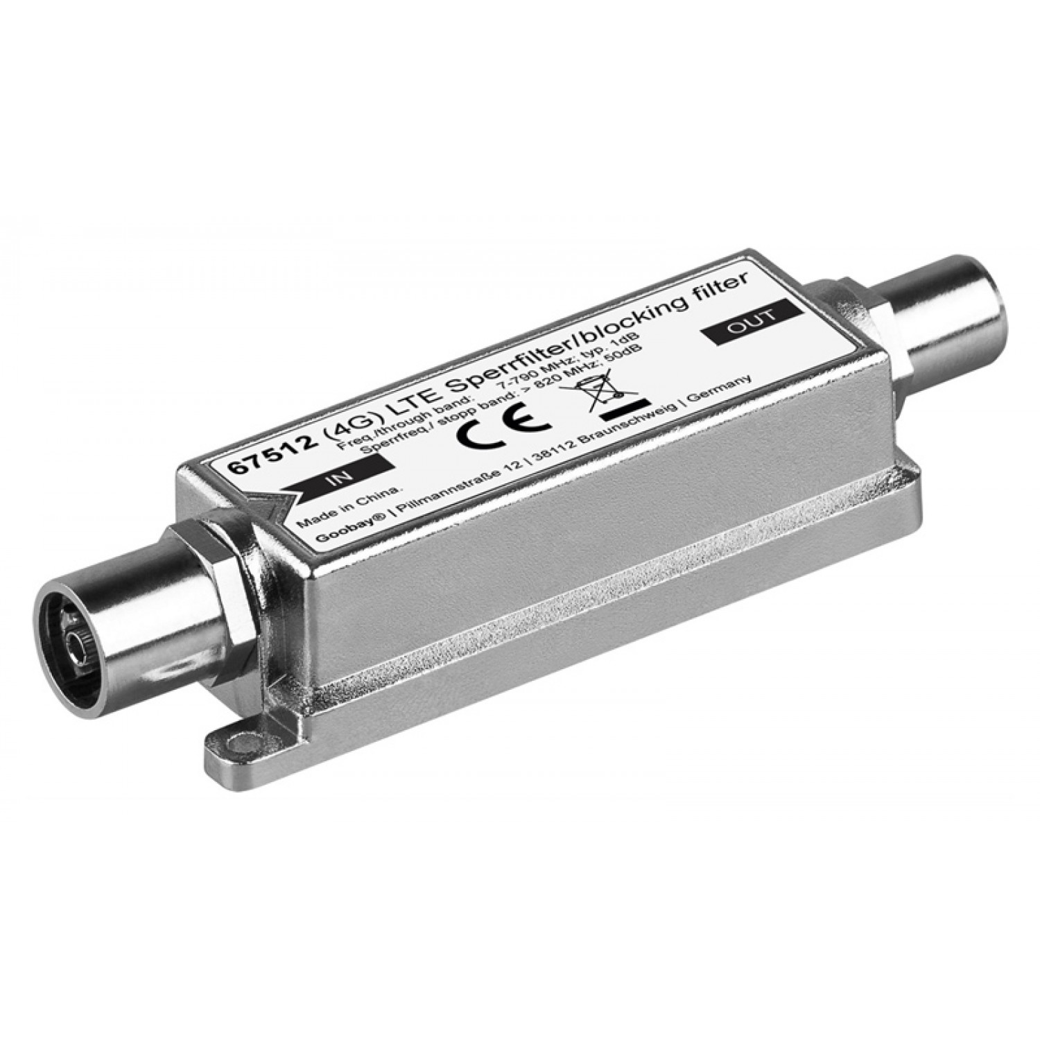 GOOBAY φίλτρο μπλοκαρίσματος LTE/4G 67512, coaxial, 5-790 MHz, ασημί GOOBAY φίλτρο μπλοκαρίσματος LTE/4G 67512, coaxial, 5-790 MHz, ασημί