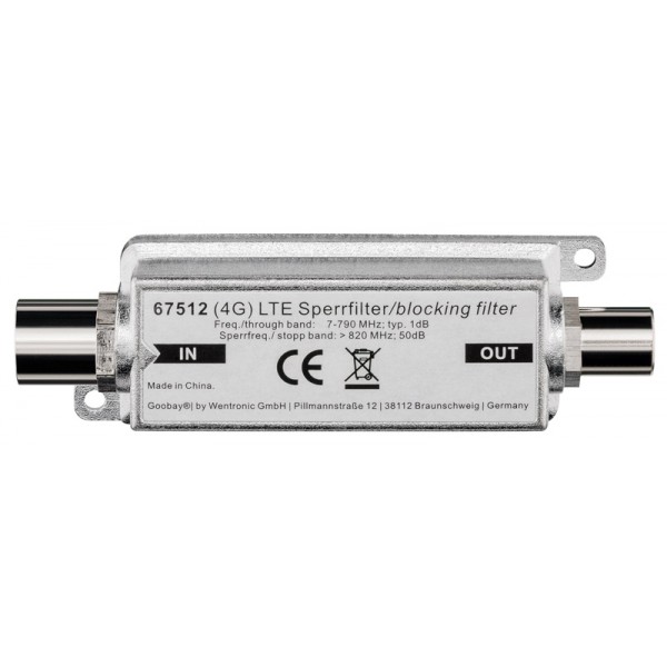 GOOBAY φίλτρο μπλοκαρίσματος LTE/4G 67512, coaxial, 5-790 MHz, ασημί GOOBAY φίλτρο μπλοκαρίσματος LTE/4G 67512, coaxial, 5-790 MHz, ασημί
