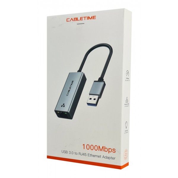 CABLETIME αντάπτορας USB σε RJ45 CT-AML1000, 1000Mbps, γκρι